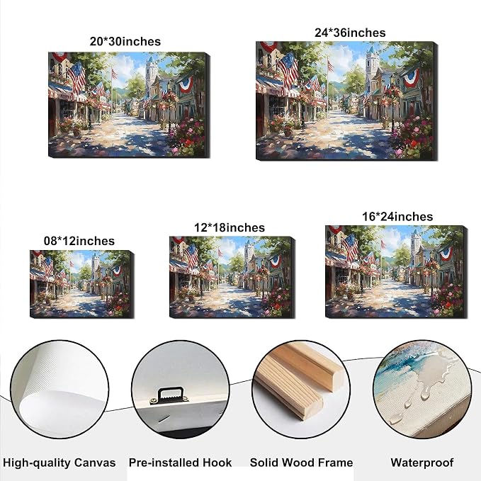 Rustic Patriotic Main Street Wall Art, 4th of July American Town Canvas Prints, Vintage Flag Street Decor for Home, Living Room, Kitchen, Framed Artwork for Bar, Made in USA
