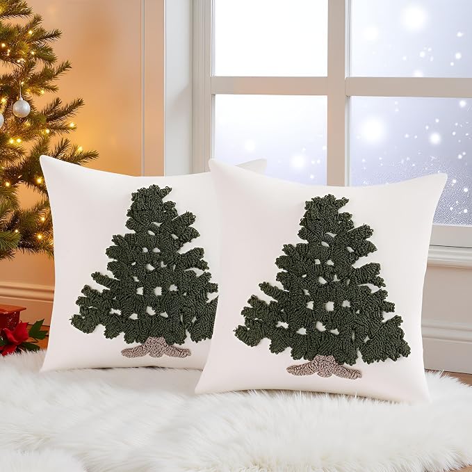 Christmas Tufted Throw Pillow Covers 18x18 Set of 2 Green Xmas Tree