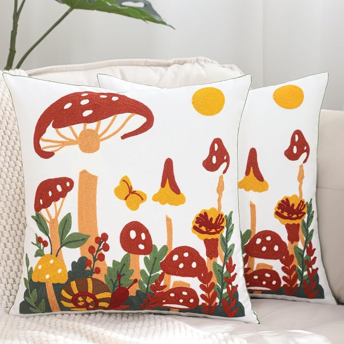 LUOYEHK Mushroom Pillow Covers 18x18 Inch Set of 2 Embroidered Throw Pillow Covers Decorative Pillow Cover Spring Summer Boho Cushion Pillowcase for Couch Sofa Bed Living Room, Mushroom Snail