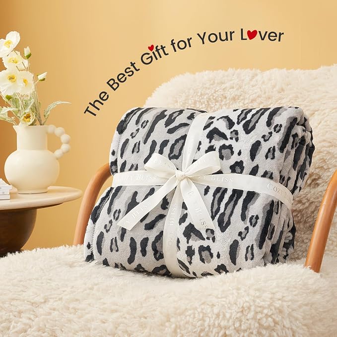 Cozy Bliss Leopard Print Fuzzy Throw Blanket for Couch & Bed, Thick Soft Warm Fleece Blankets for Room Decor, for Girls Kids Women Men, Snow Leopard, Grey 40"*50"