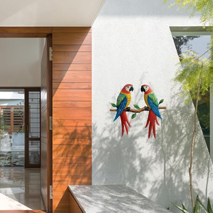 Limygus Tropical Colorful Double Parrot Metal Wall Hanging Decor for Outdoor Patio Yard Indoor Bedroom Balcony