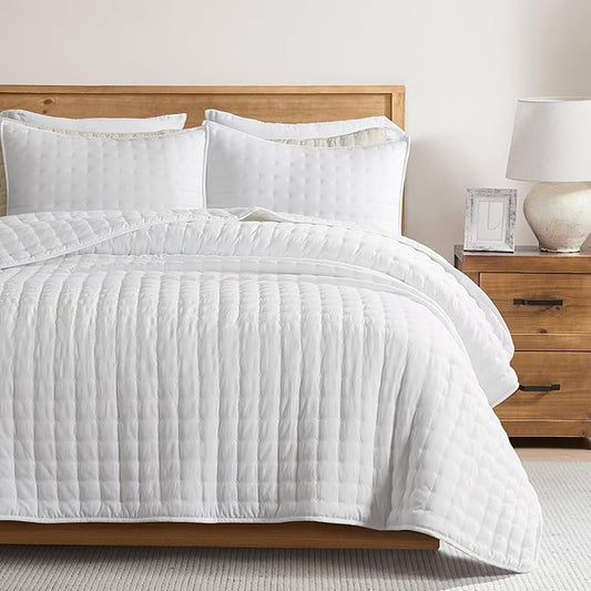 WDCOZY White Cloud Quilt Set Twin Size, Lightweight Soft Cross Stitch Bedspread, Farmhouse Rustic Country Coverlet, Spring Summer Thin Comforter, 2 Pieces, 1 Pillow Sham, 68x90 inches