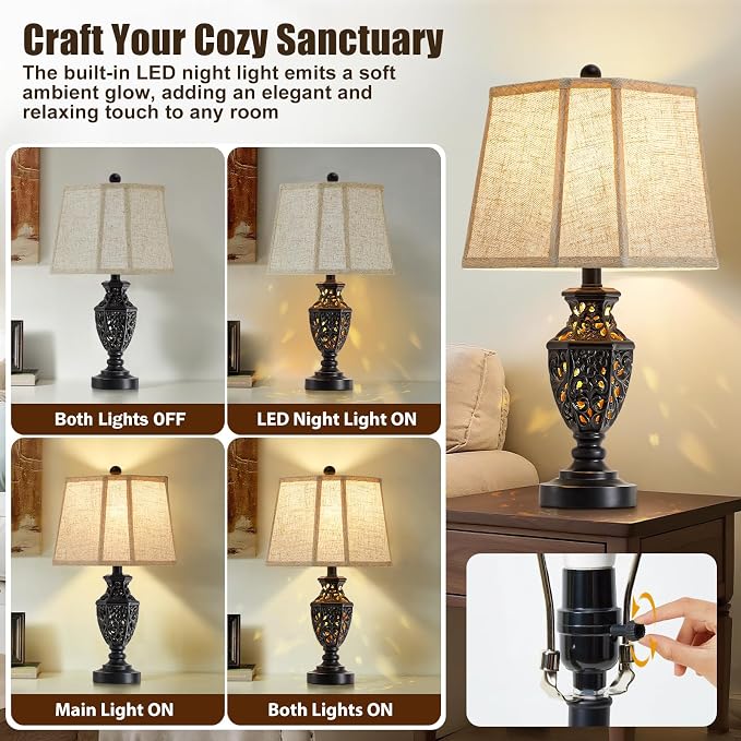 EJIAXIN Lamps for Night Stands Set of 2-23.5" Vintage Bedside Lamp with USB A+C and Nightlight - Black Retro Carved Resin Farmhouse Table Lamp for Bedrooms, End Tables, Living Room, Bulbs Included