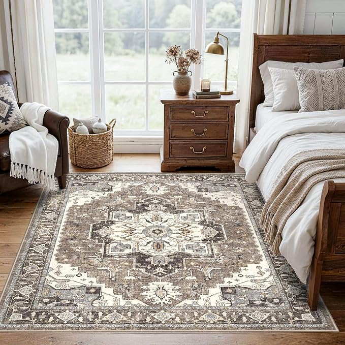 Washable Living Room Area Rug 5x6: Indoor Entryway Kitchen Rugs with Non-Slip Rubber Backing Large Vintage Stain Resistant Bedroom Carpet Non-Shedding Soft Thin Floor Mat for Dining Room(Beige,5x6)