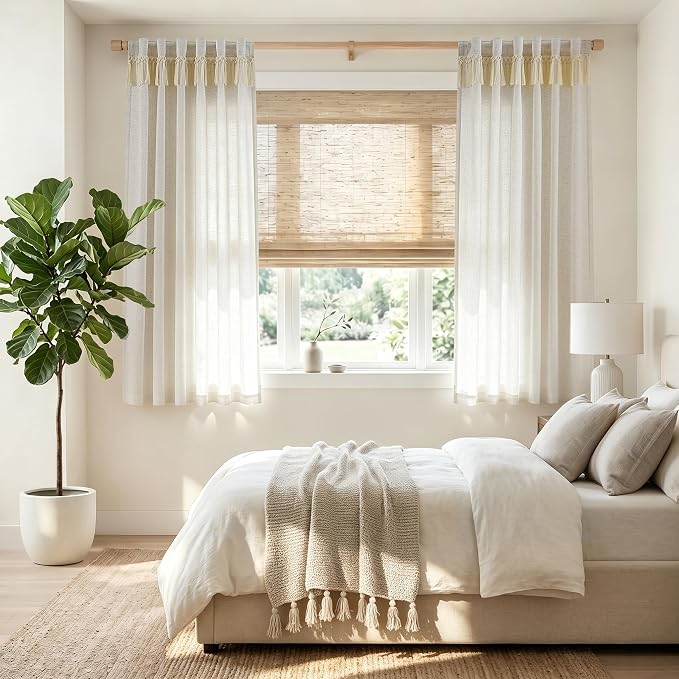 jinchan Linen Curtains for Living Room Bedroom Light Filtering Semi Sheer Curtains Boho Farmhouse French Country Cottage Core Decor Window Drapes Back Tab 63 Inch Length Tassel Beige
