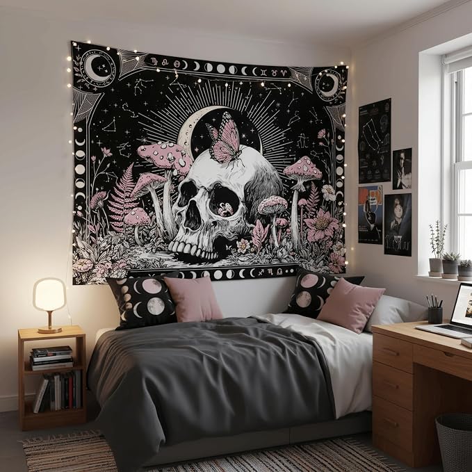 Accnicc Gothic Skull Tapestry Goth Skeleton Butterfly Mushroom Tapestries Wall Hanging Witchy Plant Floral Celestial Constellation Large Tapestry for Bedroom Living Room Dorm 80 x 60 inch
