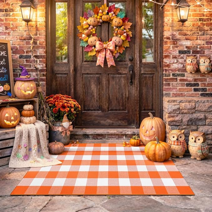 LEEVAN Halloween Outdoor Rug 3x5, Orange Buffalo Check Fall Front Porch Rug | Washable Thanksgiving Checkered Plaid Door Mat, Layered Autumn Doormat for Farmhouse Entryway Kitchen Patio