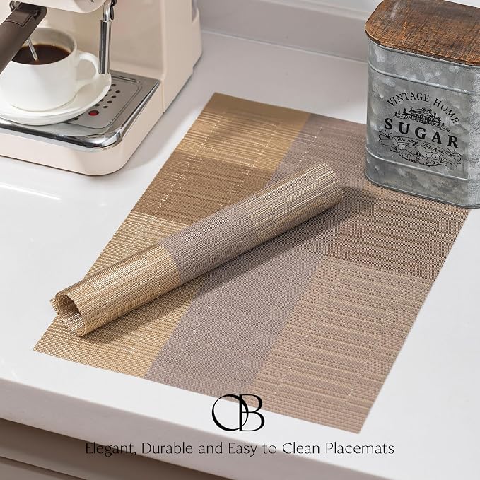 Placemats Set of 8 - Easy Clean Woven Vinyl Placemats for Dining Table, Indoor/Outdoor Place Mats, Washable PVC Table Mats （Gold Dune）