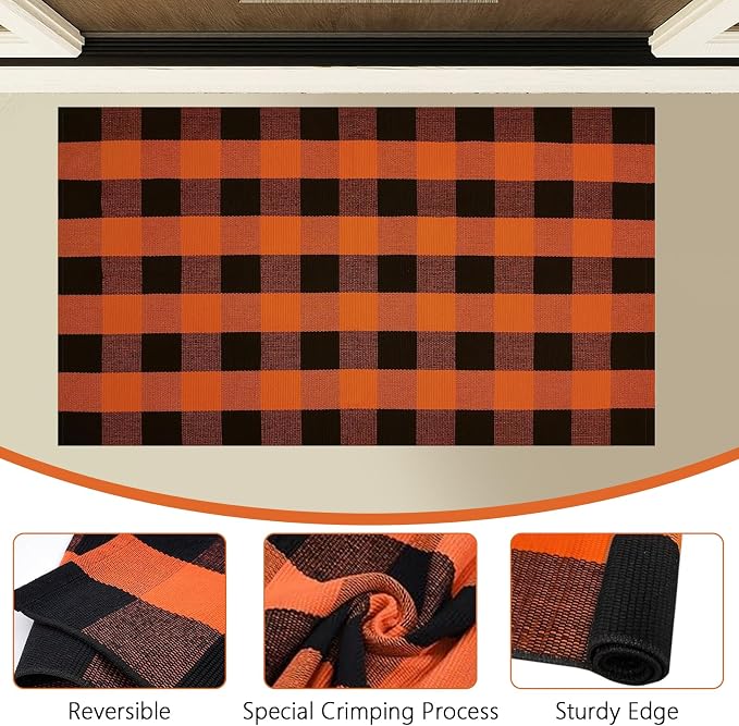 Buffalo Plaid Area Rug, Checkered Rug 27.5x43 Inches, Black and Orange Rug, Washable Cotton Mat for Front Porch, Entryway, Kitchen, Living Room, Halloween Decor