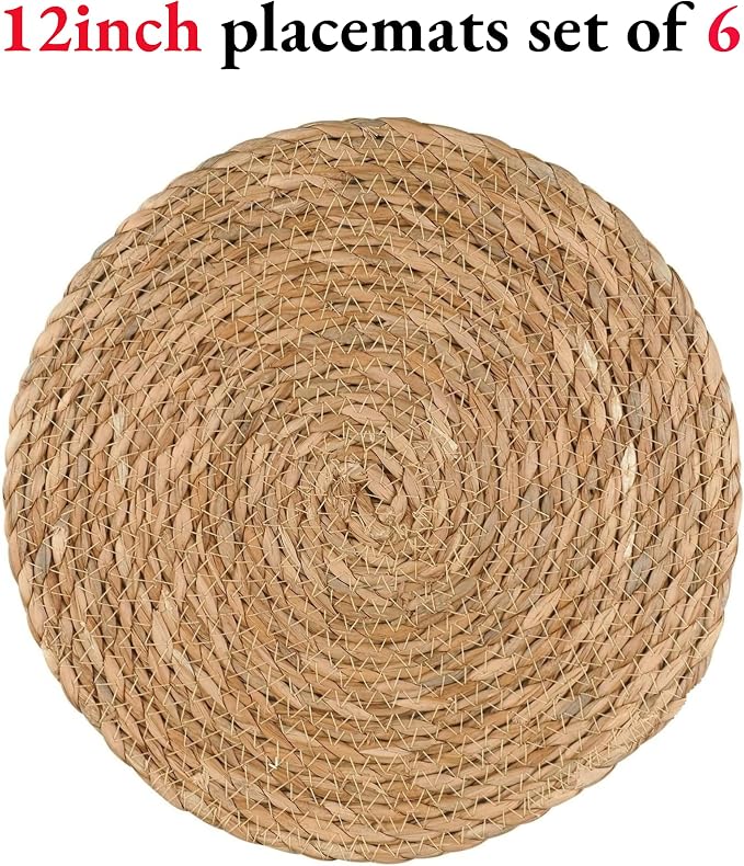 Round Woven Placemats Set of 6, 12" Boho Rattan Placemats Natural Hand-Woven Place Mats Table Decor, Farmhouse Place Mats, Chargers for Dinner Plates, Wicker Table Mats for Dining Table, Home