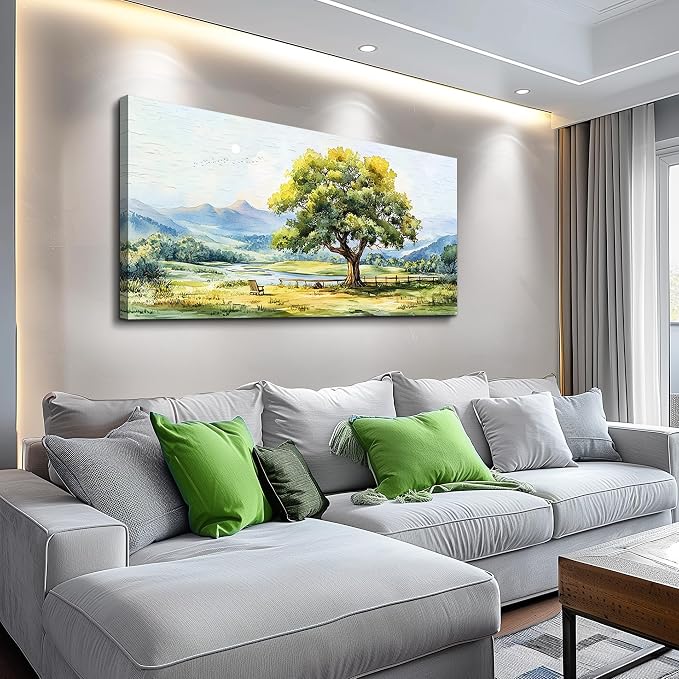 QIYILEXWART Canvas Wall Art For Living Room Wall Decor For Bedroom Office Wall Decoration Green Tree Landscape Painting Farmhouse Pictures Artwork Room Aesthetic Home Decor 20x40 In