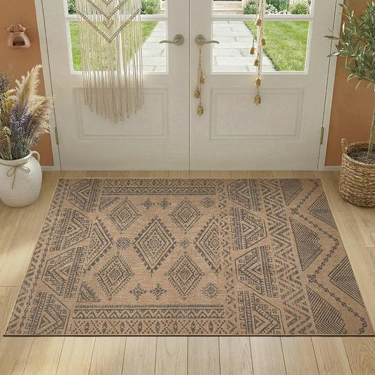 jinchan 3x5 Faux Jute Area Rug Washable Boho Entryway Rug, Natural Charcoal | Southwestern Geometric, Non-Slip, Low Pile, Indoor Outdoor, Kitchen, Bathroom, Laundry Room, Porch, Balcony, Bedroom, Patio