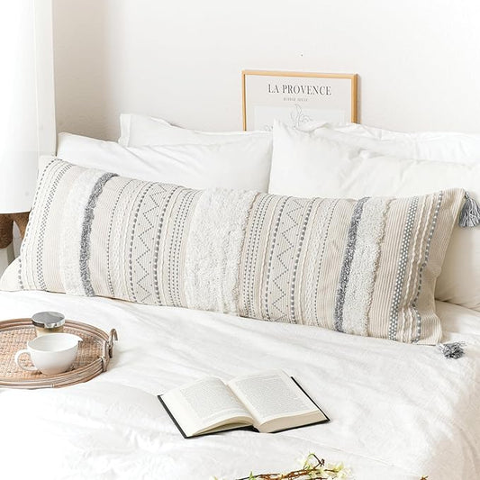 BlissBlush 20X54 Oversized Large Lumbar Pillow Cover for Bed, Rectangular Long Decorative Throw Pillowcase, Cotton Boho Accent Cushion with Gray Tufted Pattern and Tassels, Cream Neutral (Cover Only)