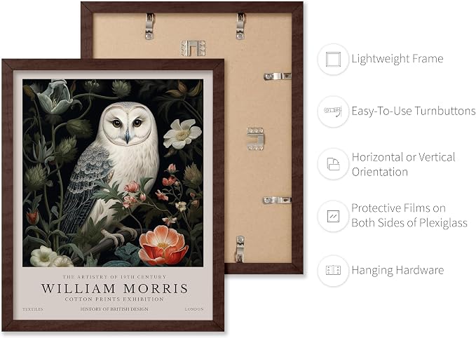 Monem Art William Morris Poster - Owl and Flowers Print - Farmhouse Design - Floral Illustration - Aesthetic Print - Living Room or Bedroom Wall Decor - 11x14 Brown Framed