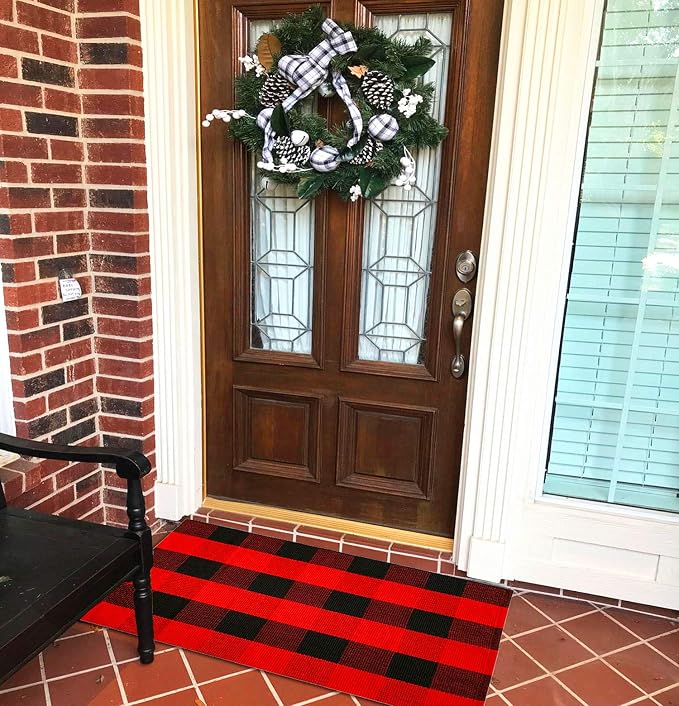 LEVINIS Christmas Buffalo Plaid/Check Indoor/Outdoor Rugs- Checkered Outdoor Rug, Outdoor Plaid Doormat for Front Porch/Kitchen/Laundry Room Welcome Layered Mat, 23.6'' x 51.2''