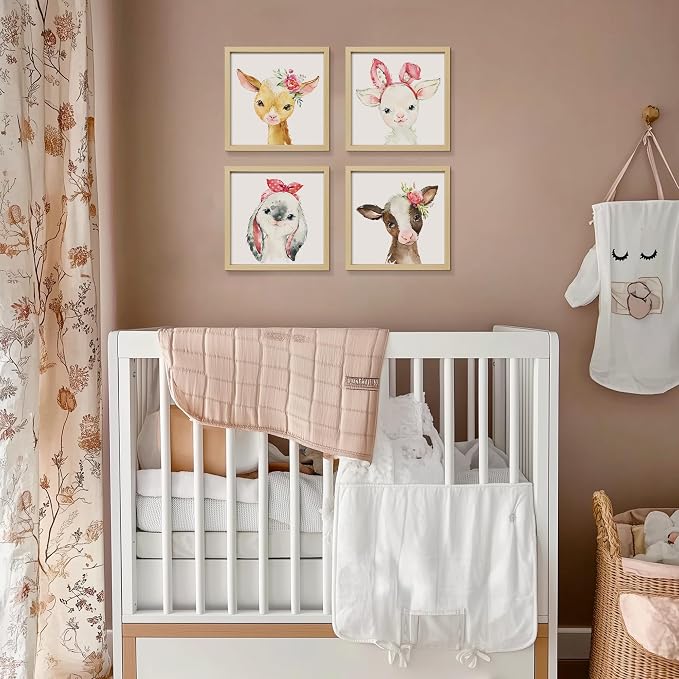 ArtbyHannah Framed Animal Nursery Wall Art Decor, 10x10inch Safari Prints | 4 Pack Pink Woodland Gallery Wall Frame Set Pictures Artwork for Baby Kids Bedrooms Playrooms Showers Home Decoration