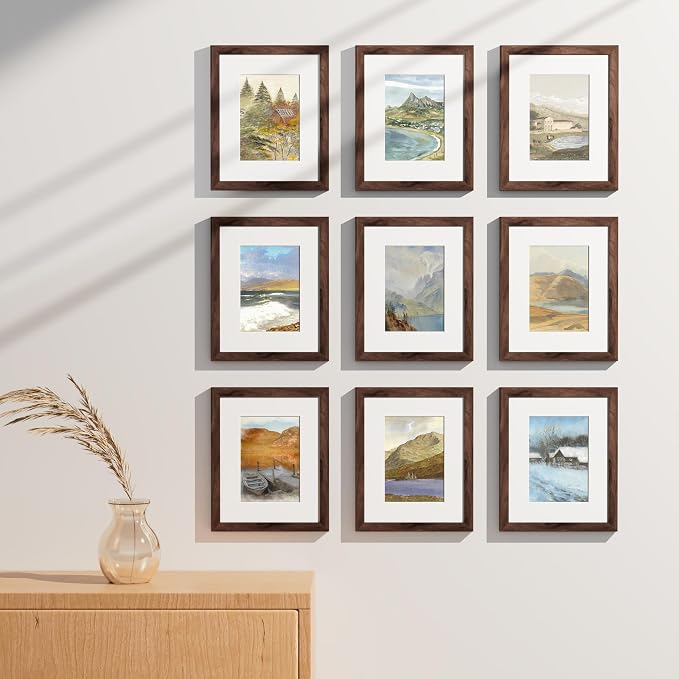 Vittanly 8x10 Picture Frames Set of 9 for Wall or Tabletop Display, Walnut | Display Pictures 5x7 with Mat or 8x10 without Mat, Small Photo Frames, Engineered Wood with Shatter Resistant Plexiglass