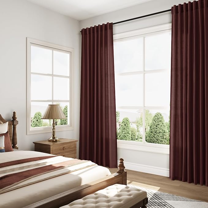 Reddish Brown Linen Curtains 84 Inch Length 2 Panels Set for Living Room Back Tab Light Filtering Semi Sheer Curtain for Bedroom Farmhouse Drapes, 52x84 Inch, 2 Panels
