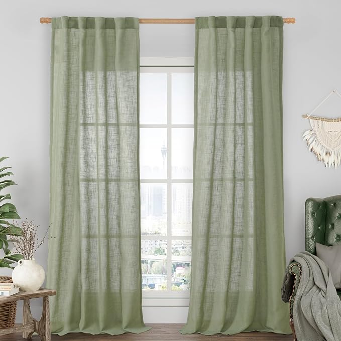 Sage Green Linen Boho Curtains for Bedroom Living Room 2 Panels | 84 inch Length, Light Filtering, Semi Sheer, Neutral Curtains for Bedroom, Living Room, Rod Pocket Back Tab, 34 x 84 Inch