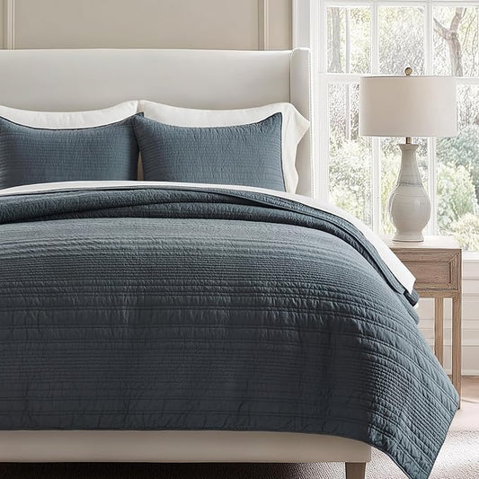 EVERGRACEHOME 100% Cotton Modern Lines Quilt Set Queen Size, Midnight Blue | Pre-Washed Soft Cotton, Striped Coverlet Bedspread, 3 Piece Lightweight Bedding Set for All Season, with 2 Pillow Shams