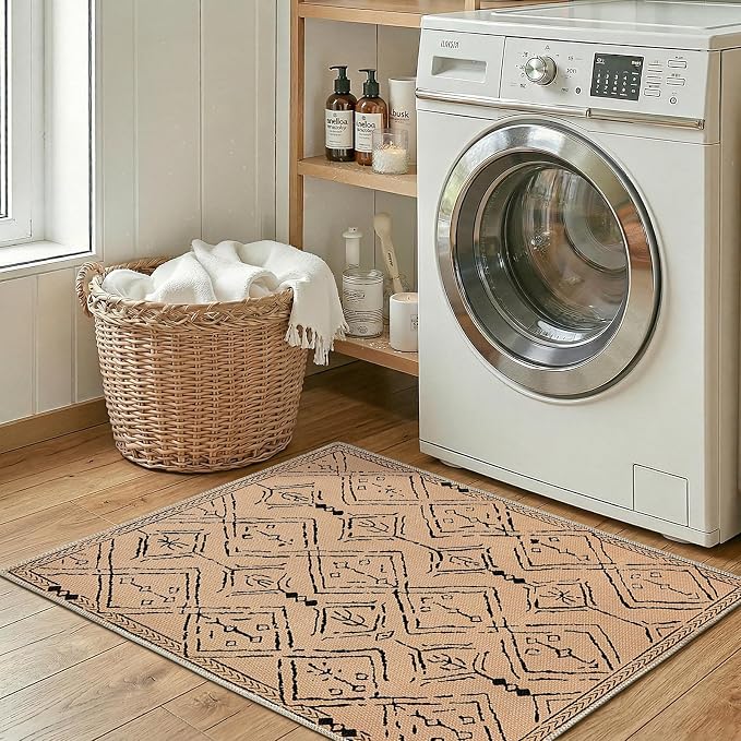 jinchan 2x3 Faux Jute Area Rug Washable Moroccan Entryway Rug, Warm Taupe | Neutral Boho Geometric, Non-Slip, Low Pile, Indoor Outdoor, High-Traffic, Kitchen, Bathroom, Laundry Room, Porch, Balcony