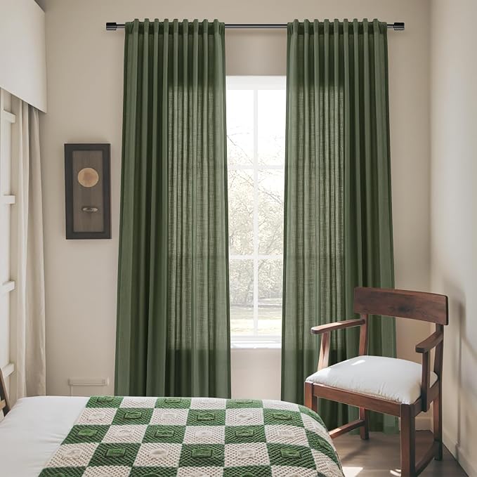 Extra Long Linen Curtain for Living Room 108 Inch Length 2 Panels Set Floor to Ceiling Privacy Translucent with Light Filter Elegant Sheer Drapes for Bedroom Olive Green W52 x L108