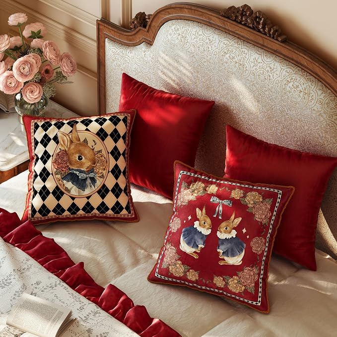 Vintage Christmas Pillow Cover 18x18, Floral Bunny | Designer High End Rabbit Pillow Cover, Red Velvet Throw Pillow Decorative for Couch Sofa Bedroom Home Holiday
