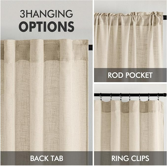 MIULEE Short Linen Curtains 52x45 Inch Length 2 Panels for Kitchen Bedroom | Bathroom, Soft Thick Linen Textured Back Tab Window Drapes, Semi Sheer Light Filtering, Rod Pocket, Modern Farmhouse Decor