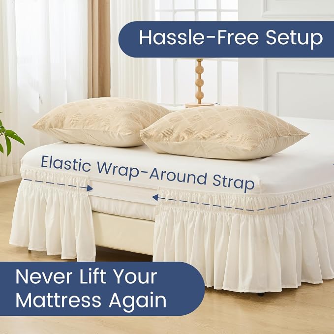 BISELINA Wrap Around Bed Skirts 17" Drop, Cotton Adjustable Elastic Dust Ruffles Easy Fit Wrinkle & Fade Resistant Soft Cozy Elegant Luxurious Bedding - White, Queen Size