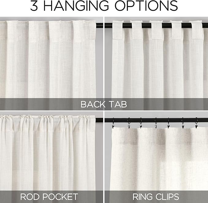 Beige White Linen Curtains 102 Inches Long Rod Pocket Back Tab Drapes 2 Panels Set for Living Room Light Filtering Semi Sheer Beige White Curtain 102 Length for Patio Door Bedroom 52x102