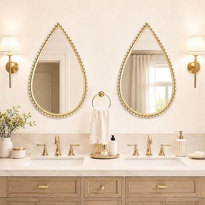 24" x 36" Teardrop Wall Mirror, Antique Gold Bold Beaded Frame | Unique vintage-style ornate decorative mirror for bathroom, bedroom, living room, hallway, entryway, vertical wall hanging.