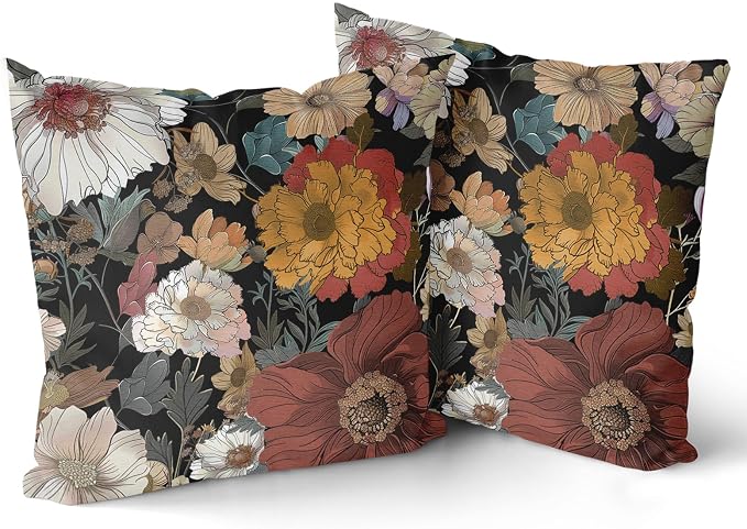 Giwawa Black Boho Flower Pillow Covers 18x18in Set of 2 Rustic Chic Floral Decorative Cotton Pillow Cases Vintage Botanical Plant Throw Cushion Covers for Sofa Couch Patio Indoor Outdoor