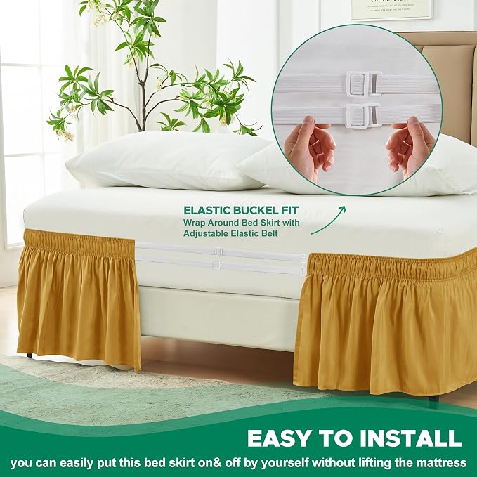 Wrap Around Bed Skirt King Size 16 Inch Drop-Elastic Dust Ruffle Gold | Adjustable Pleated Bedskirt-Easy Fit Wrinkle Resistant Washable Hotel Quality Fabric Bed Skirting-Master Guest Bedroom Rental