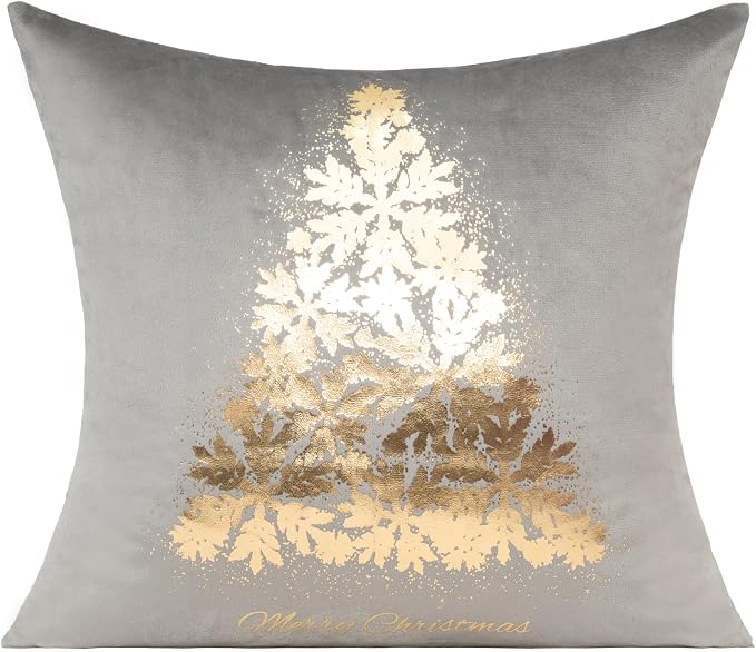 All Smiles Christmas Decorations Throw Pillow Covers Cases 16X16 Set of 4 Winter Xmas Indoor Home Holiday Décor Ornaments Velvet Navidad Cushion for Sofa Tree Snowflake Reindeer， Gray Gold