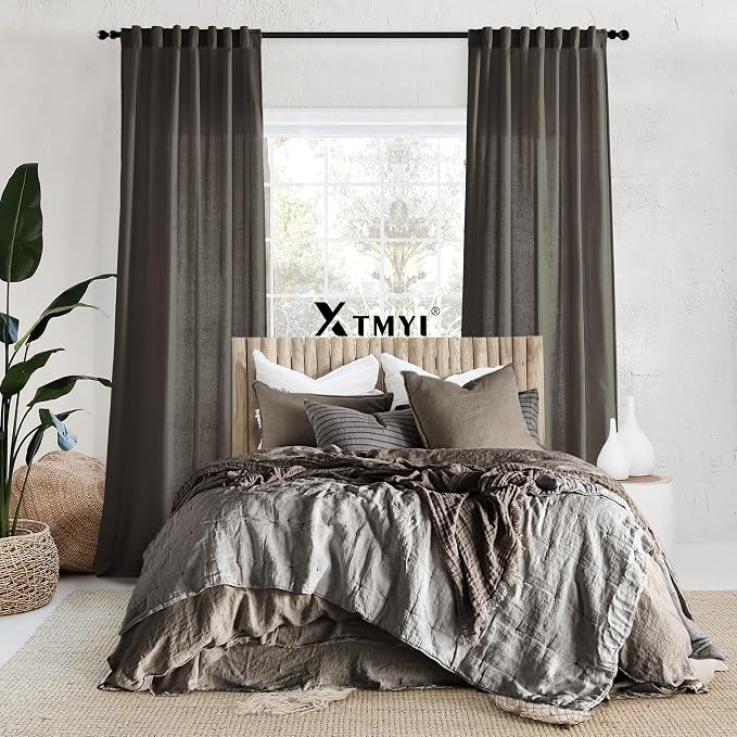 XTMYI Chocolate Brown Curtains 96 Inches Long 2 Panel Set,Sheer Linen Pleated Back Tab Window Drapes Curtains for Living Room 96 Inch Length,Dark Brown