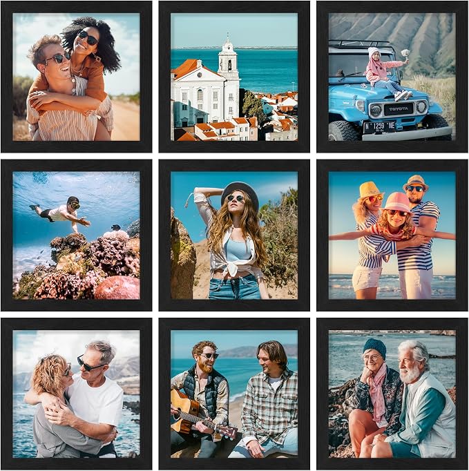 Vittanly 8x8 Picture Frames Set of 9 for Wall or Tabletop Display, Black | Display Pictures 4x4 with Mat or 8x8 without Mat for Wall Mounting, Square Photo Frames for Home Decor, Engineered Wood