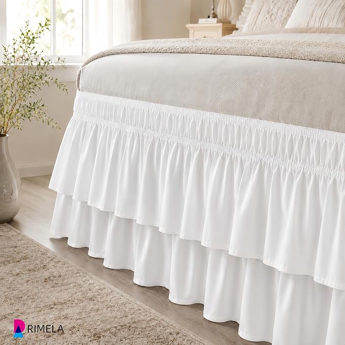 RIMELA Ruffle Bed Skirt Warm White King 15 Inch Drop, Elastic Wrap Around Bed Skirts King Size, Easy to Install Dust Ruffle, Machine Washable Soft Fabric, Multi Ruffle Bedskirt