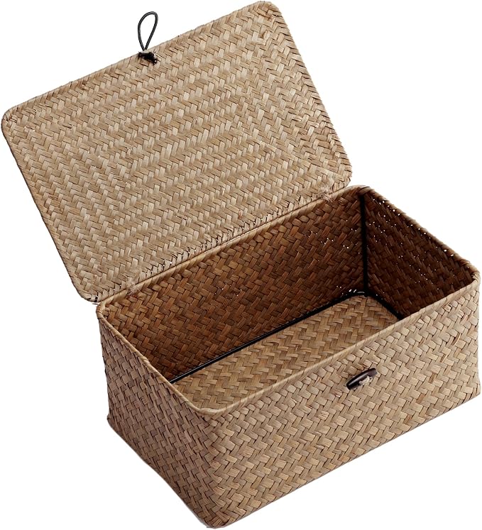 Nonam Small Wicker Basket with Lid,Seagrass Shelf Storage Basket,Coffee | Basket Container for Organizing, Boho Decorative Basket, Rectangular Household Storage Boxes for Home Organization