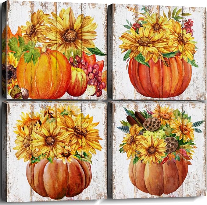 Fall Wall Art Rustic Pumpkin Pictures for Kitchen Farmhouse Sunflower Wall Decor Living Room Autumn Harvest Painting Canvas Prints Artwork Halloween Dining Room Thanksgiving Home Decorations 12x12" 4P