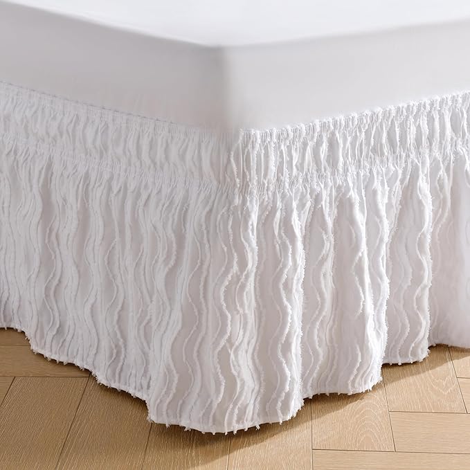 MIYE Wrap Around Ruffled Lace Bed Skirt, Elastic Dust Ruffle with Adjustable Belts, Easy to Put On, Bed Frame Cover, Machine Washable (Wavy/White, King/Queen-12.5" Drop)