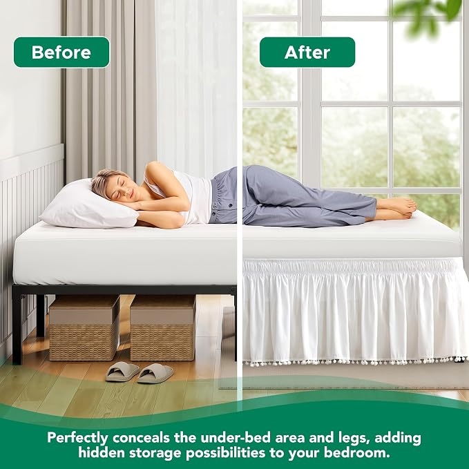 Wrap Around Queen Size Bed Skirt 15" Drop-Elastic Dust Ruffle White Pompom | Adjustable Pleated Bedskirt-Easy Fit Wrinkle Resistant Washable Hotel Quality Fabric Bed Skirting-Master Guest Bedroom Rental