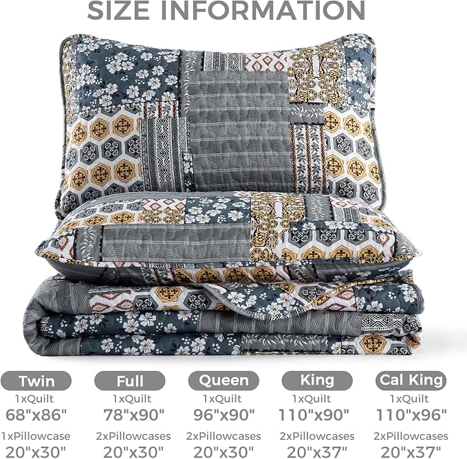 Mybedsoul Boho Quilt King Size, Patchwork Floral Bedding Set, Dark Grey | Soft Lightweight Microfiber Coverlet Set, 3 Pieces Reversible Plaid Bedspread, Bed Sets for All Seasons 90"x110"
