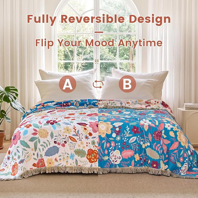 MSGKV Boho Throw Blanket 50"x60" Summer Cotton Floral Blanket for Couch | Muslin Throw, Floral Pattern, Reversible Woven, Lightweight Comfort, Farmhouse Decor, All Seasons, Machine Washable