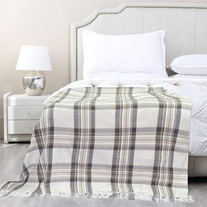 Taupe Grey and White Plaid Decor Tartan Blanket, Lightweight Soft Chenille Striped Knitted Rustic Farmhouse Throw with Tassels for Couch Sofa Chair Bed Office Home, 50" x 60"