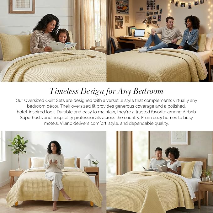 Southshore Fine Living, Inc. Full/Queen Quilt Bedding Set, Cozy Coverlet Queen Size Bedspread, Wrinkle-Free, Pet Hair Resistant Bedding, Full Size Quilt Coverlet w/2 Pillow Shams, Gold
