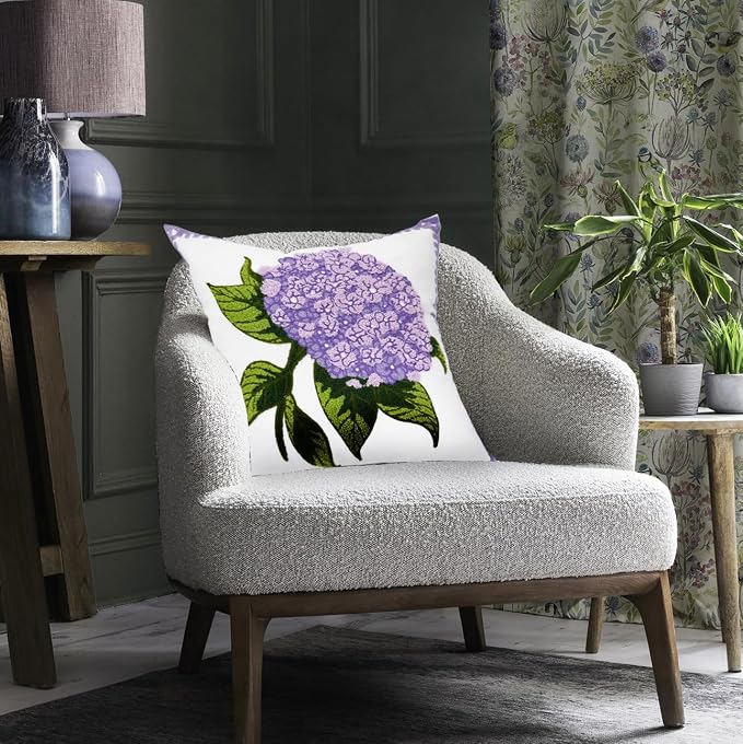 Alysheer Hydrangea Embroidered Decorative Throw Pillow Covers 18"x 18" Set of 2, Purple Lilac Floral Tufted Patterned Cotton Cushion Cases for Couch Bed Living Room Decor