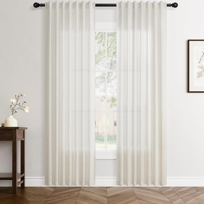 Jowels Natural Linen Curtains 80 Inch Long 2 Panels for Living Room | Ivory Light Filtering Sheer Curtain,Back Tab Pocket Pleated Look,Modern Farmhouse Textured Privacy Drapes for Bedroom Window