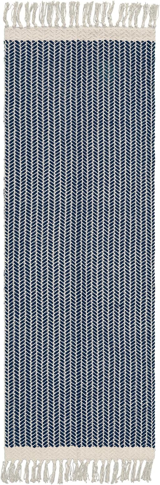 Lahome Boho Bathroom Runner Rug, 2x6 Washable Rugs for Kitchen Hallway | Woven Cotton Laundry Room Throw Carpet with Tassels, Farmhouse Decor Blue Non Shedding Lightweight Mat for Entryway Bath