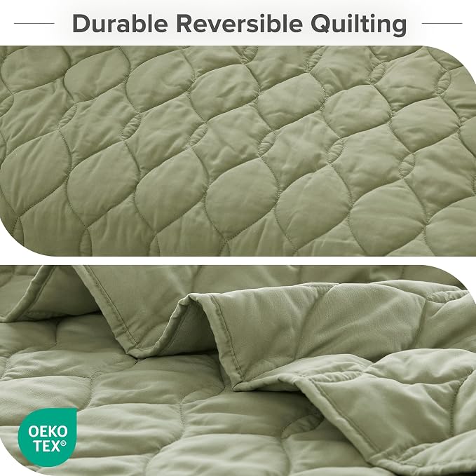 Comfort Spaces Kienna Bed Quilt Set King Size 3P, 104"x90" Olive Green Ogee | Soft Cozy Lightweight Summer Coverlet Cal King, Quilted Bedspreads Extra Layer, Modern Casual Bedroom Decor, OEKO-TEX