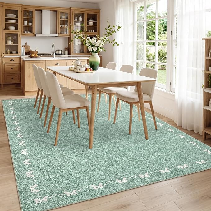 COZYLOOM Bow Border 4x6 Living Room Rugs Modern Printed Washable Nursery Rug, Non Slip Non Shedding Accent Rug Stain Resistant Low Pile Farmhouse Mats for Bedroom, Dining Room, Office, Green